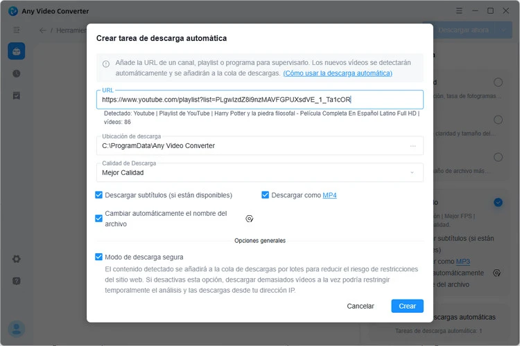 Personalizar una tarea de descarga automática