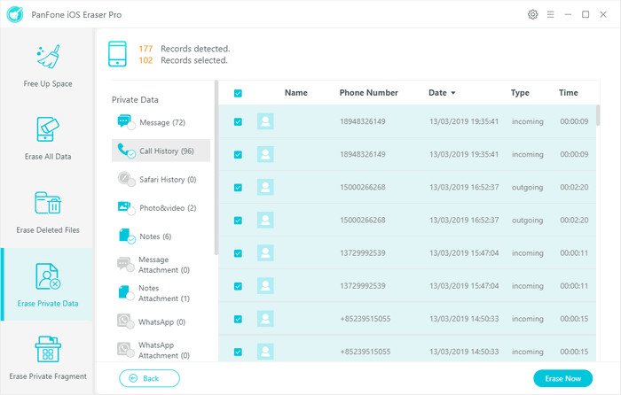 erase private call history