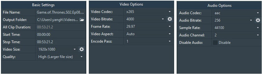 customize the output settings