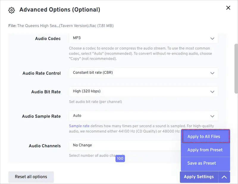 advanced options for mp3 in freeconvert