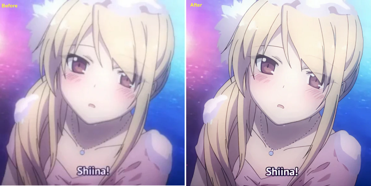 before and after of anime enhanced by video2x